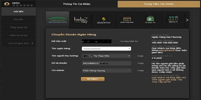 Click vào mục nạp tiền hiển thị ngay tại góc phải nhà cái K8 khi đăng nhập