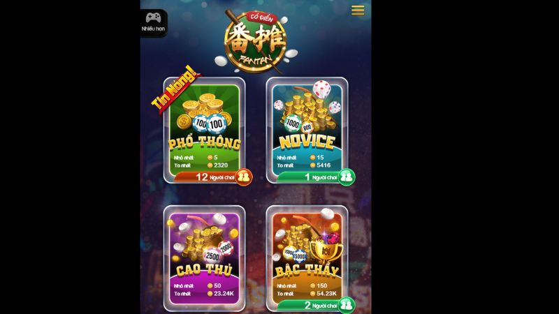 4 sảnh chơi trong game phù hợp với mọi tay cược