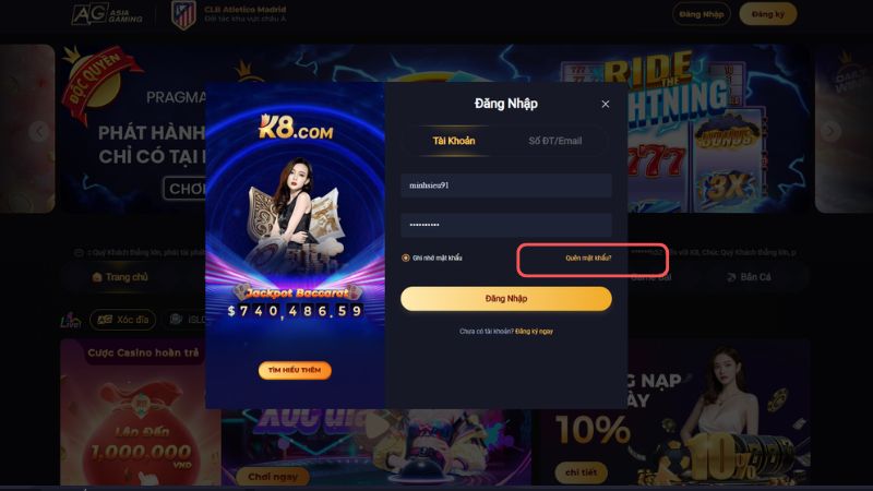 Quên mật khẩu K8CC cần nhấp ngay vào dòng này để lấy lại acc