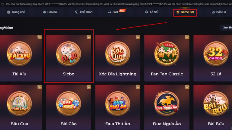 Tham gia Sicbo K8CC anh em truy cập vào mục game bài