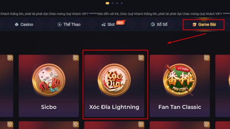 Xóc Đĩa Lightning thuộc mục game bài tại nhà cái K8CC